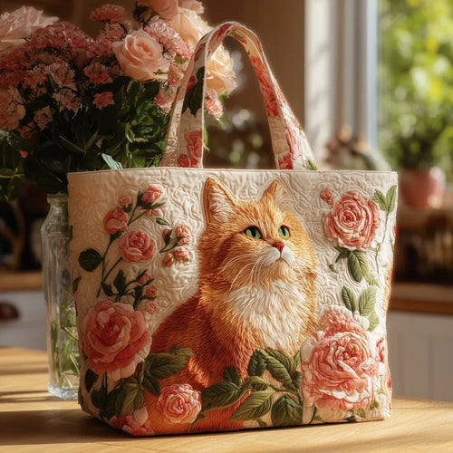 Borsa artigianale con gatto rosso e rose rosa