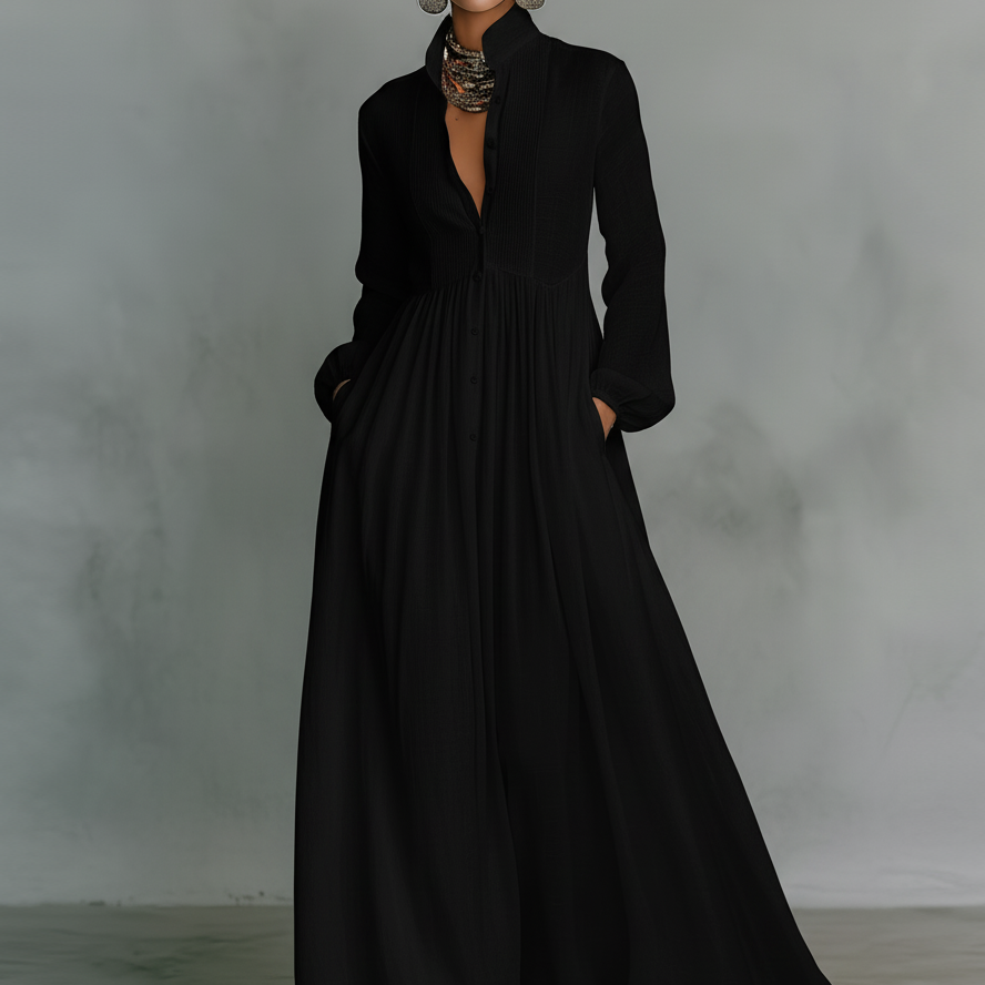 Marta - Abito Maxi in Lino con Dettagli Patchwork e Collo Alto