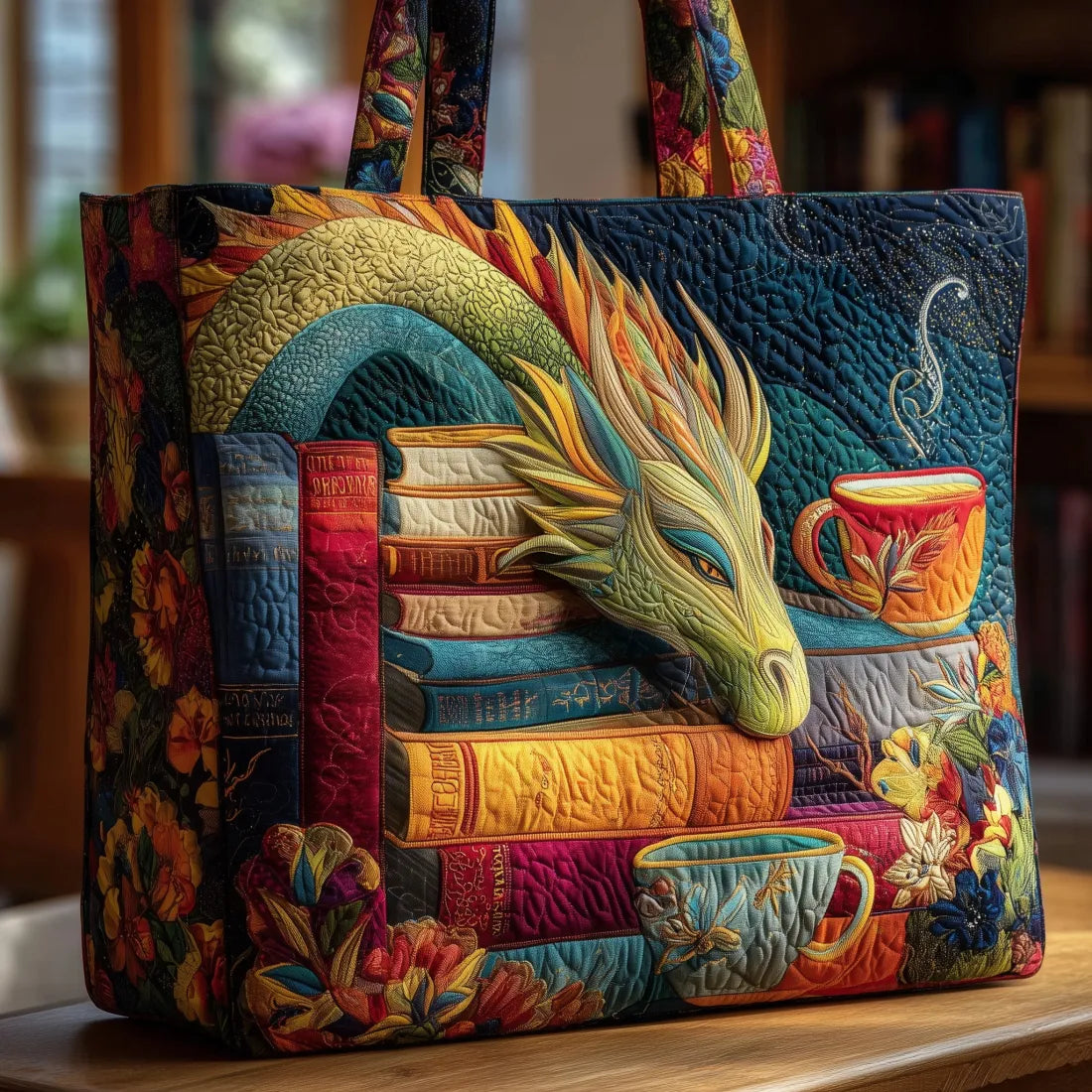 Borsa artigianale con drago, libri e tazze