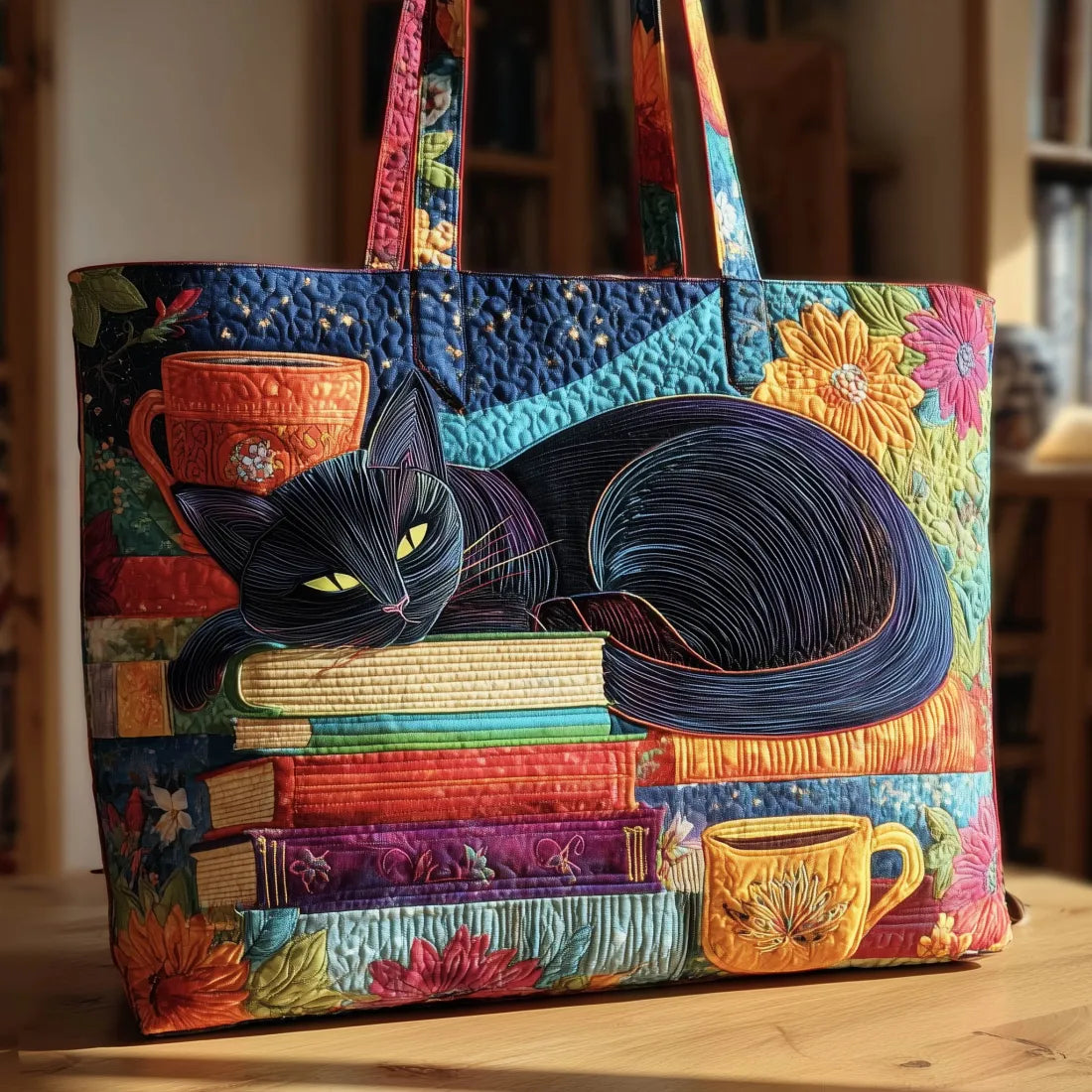 Borsa artigianale con gatto nero, libri e tazze