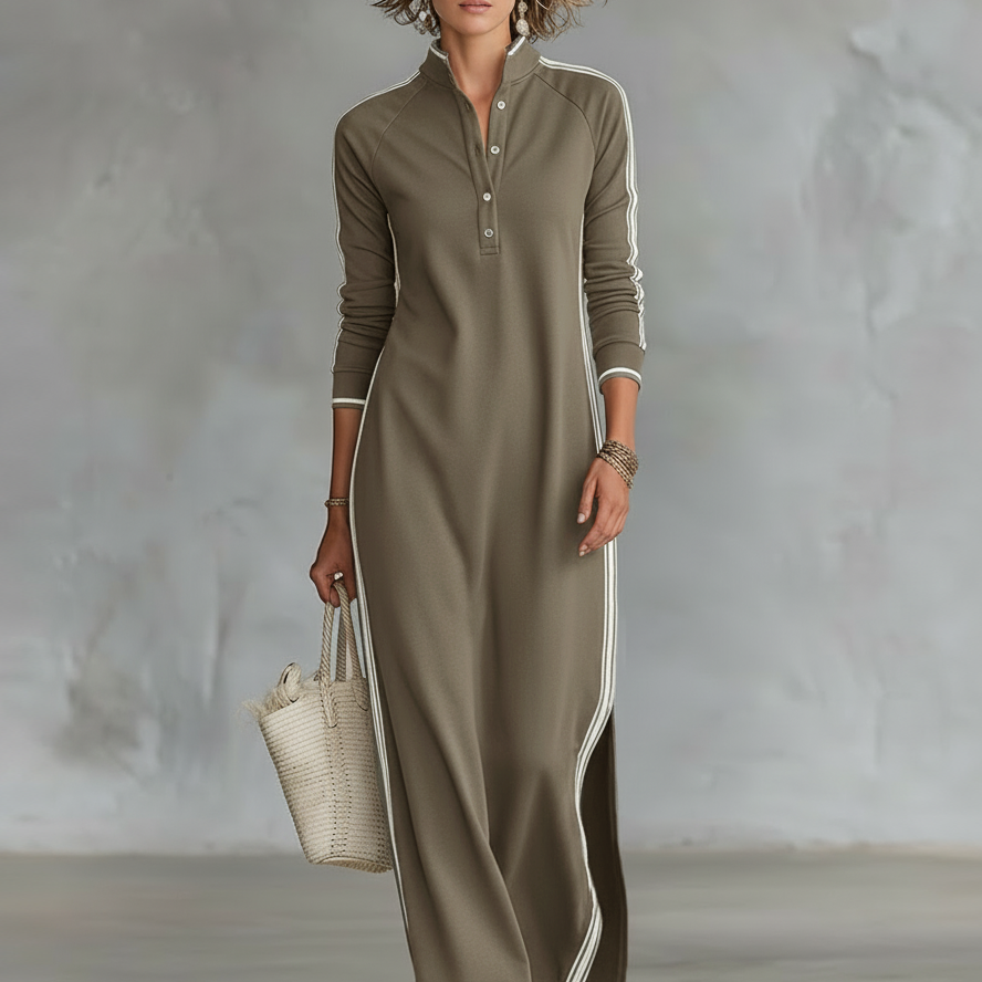 Elena - Abito Maxi in Felpa con Colletto a Bottoni