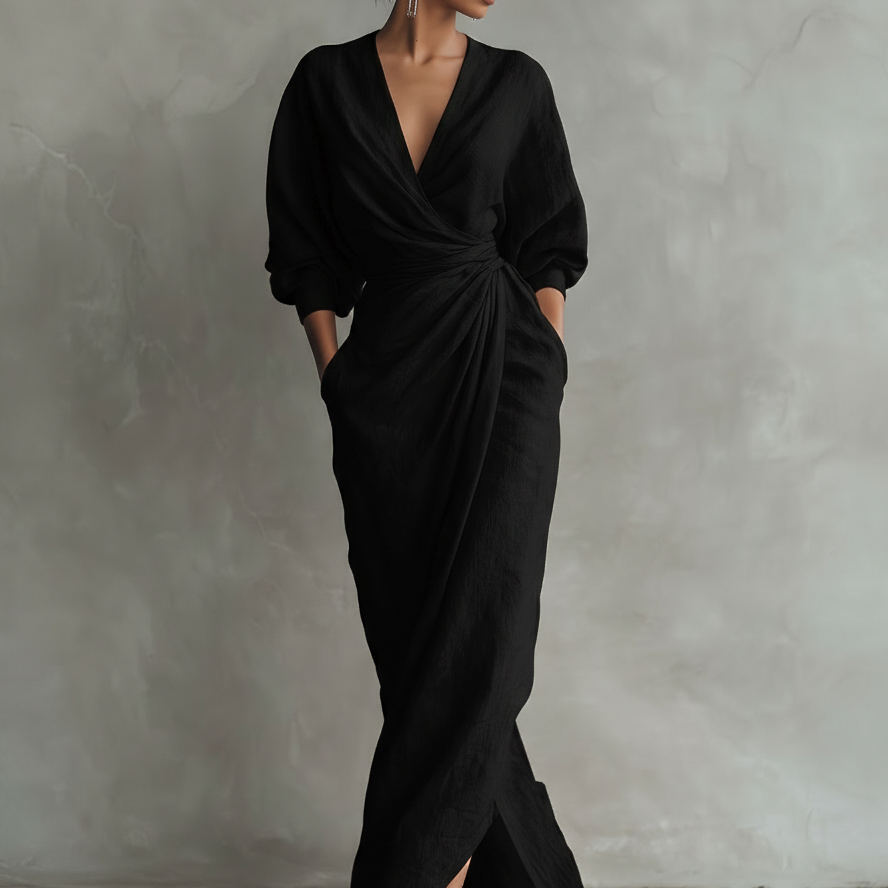 Eleonora - Abito Maxi in Lino Rosa con Scollo a V