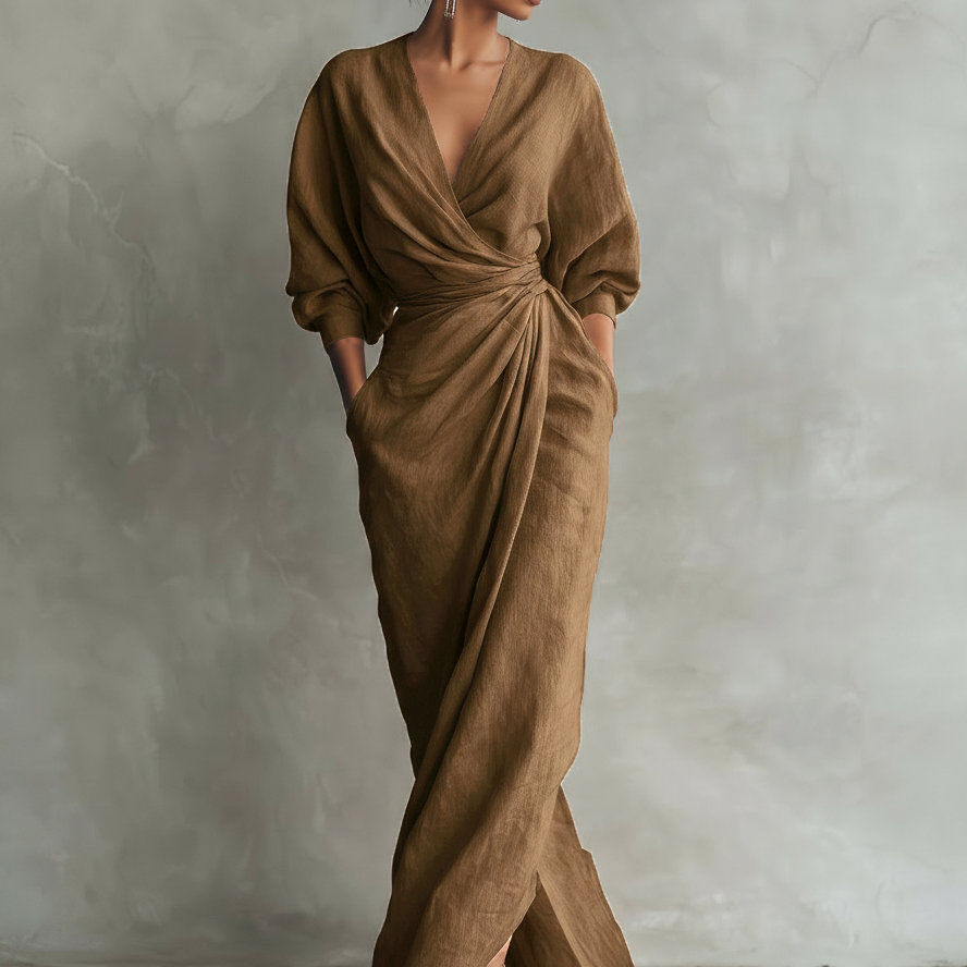 Eleonora - Abito Maxi in Lino Rosa con Scollo a V