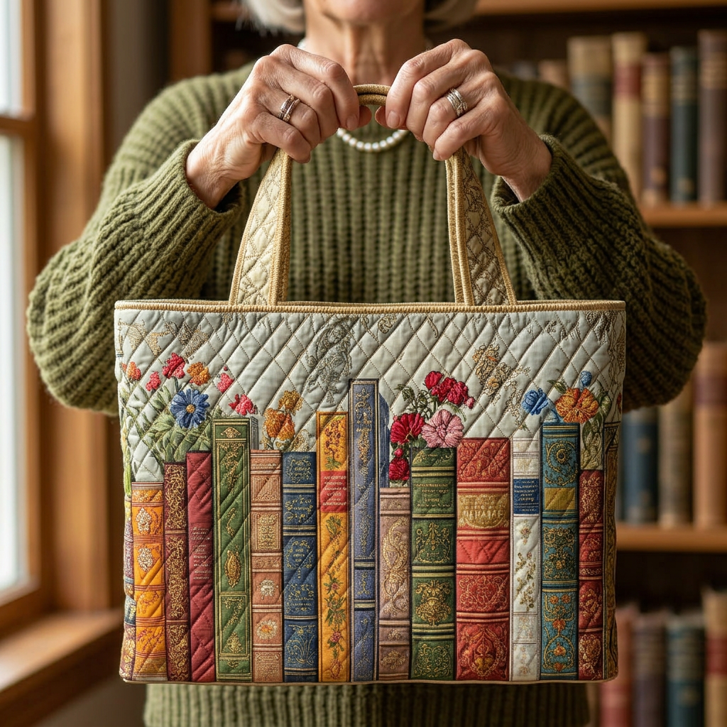 Borsa artigianale con motivo biblioteca